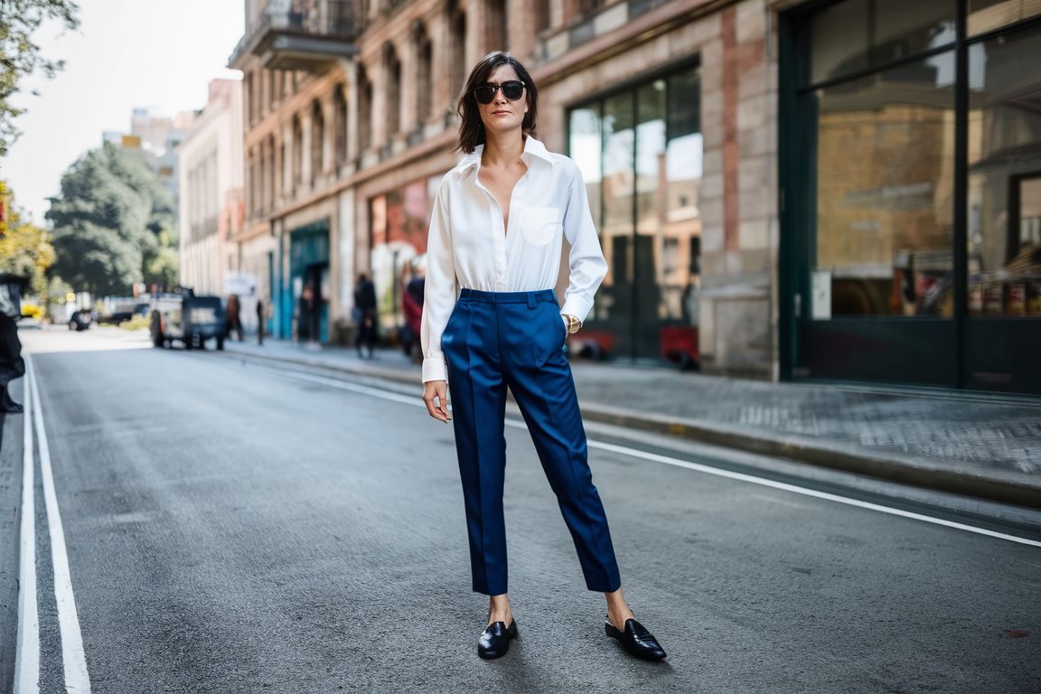 A person wearing a classic white button-down shirt, tailored trousers, and loafers.